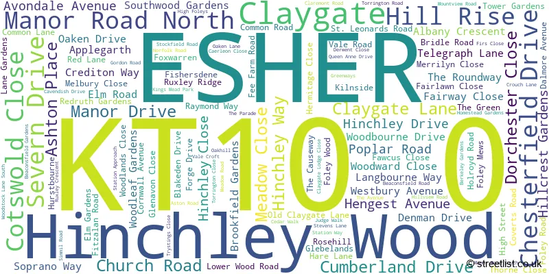 A word cloud for the KT10 0 postcode